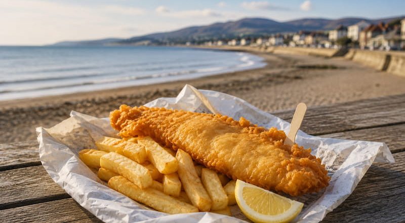 Traditional fish and chips on a picnic bench overlooking the North Wales coastline