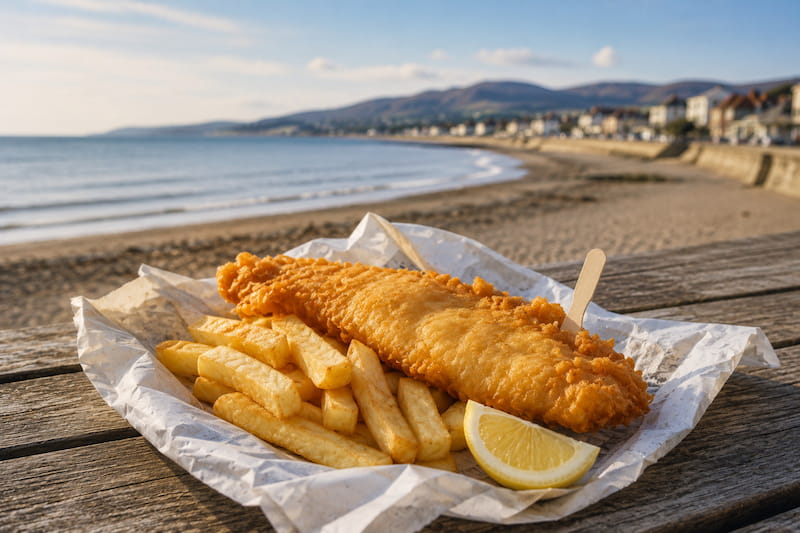 Traditional fish and chips on a picnic bench overlooking the North Wales coastline